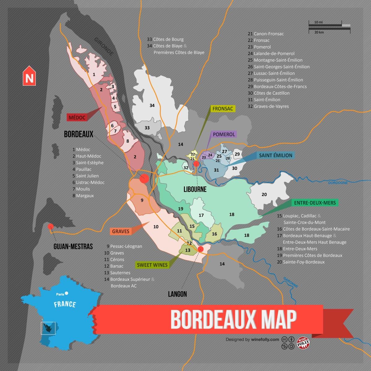 Bordeaux মদ দেশের মানচিত্র